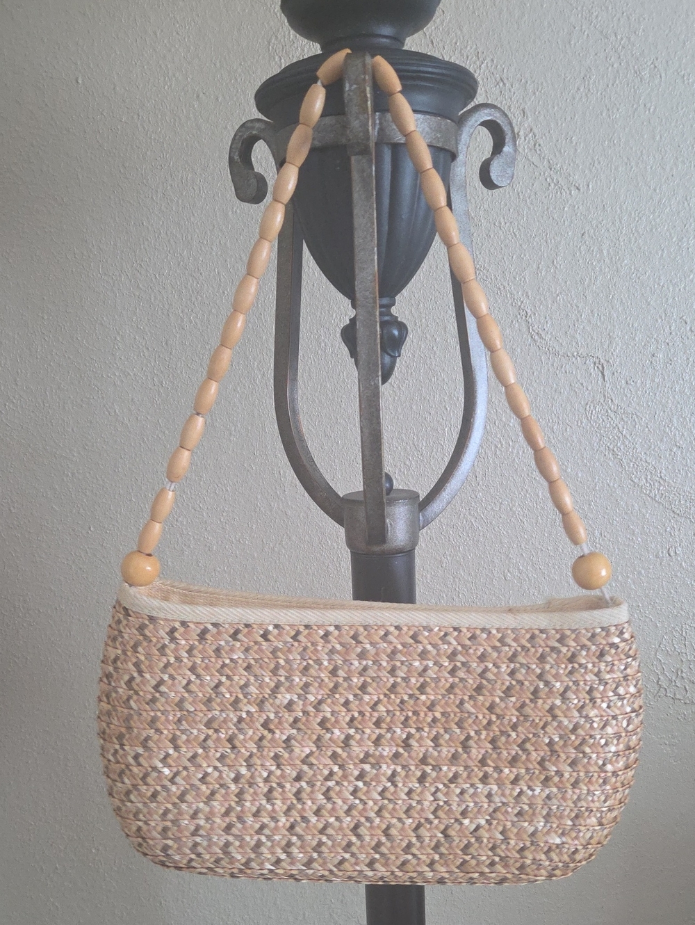 Woven Straw Shoulder Bag with Beaded Strap - Natural Beige